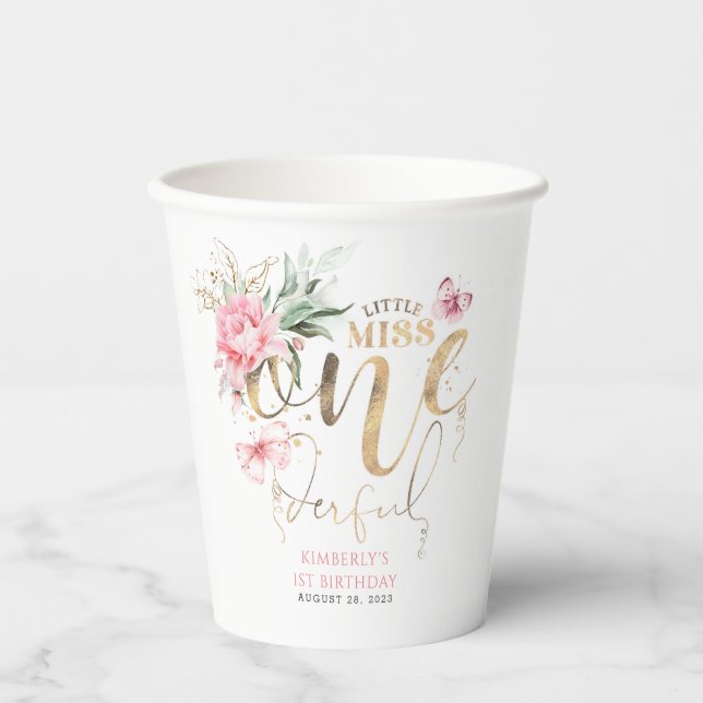 Little Miss Onederful Cute Floral 1st Birthday Paper Cups (Front)