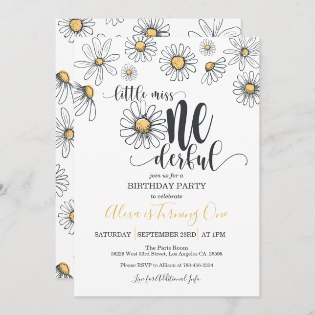 Little Miss ONEderful Daisy Birthday Invitation -W (Front/Back)