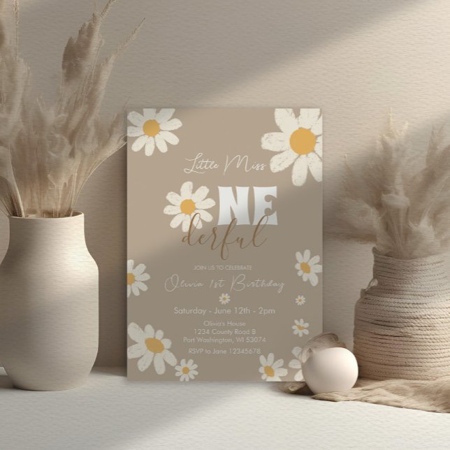 Little Miss ONEderful Daisy Flowers Creme Birthday Invitation (Creator Uploaded)