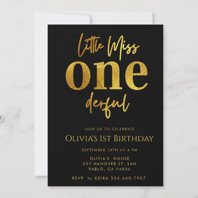 Little Miss ONEderful Elegant gold glitter script Invitation (Front)
