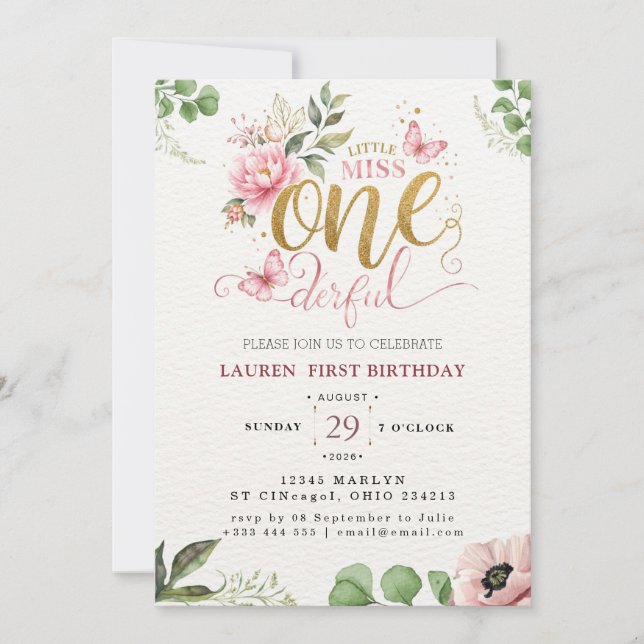 Little Miss ONEderful First Birthday Invitation (Front)