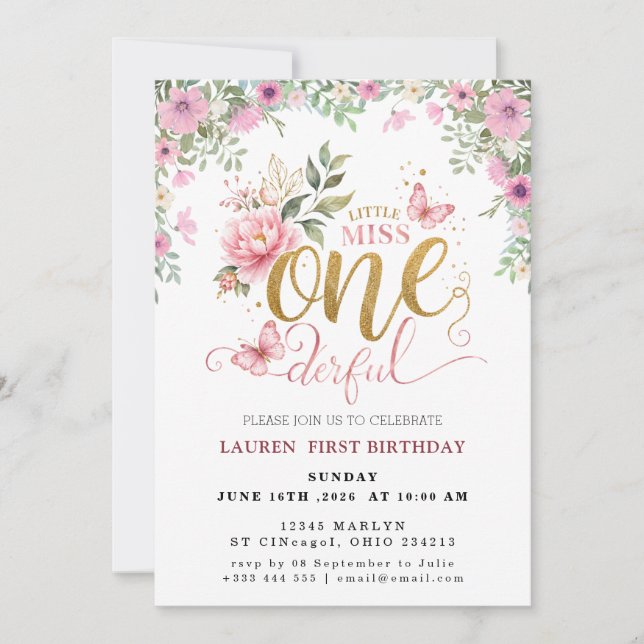 Little Miss ONEderful First Birthday Invitation (Front)
