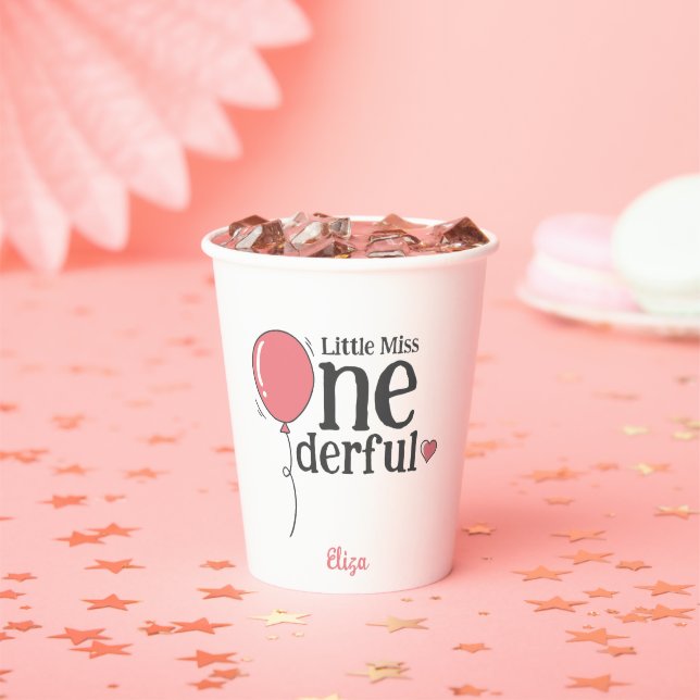Little Miss Onederful First Birthday Pink Custom Paper Cups (Insitu)