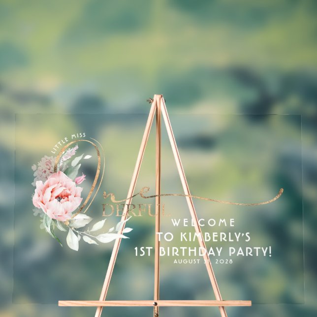 Little Miss Onederful Floral 1st Birthday Welcome Acrylic Sign (Neutral)