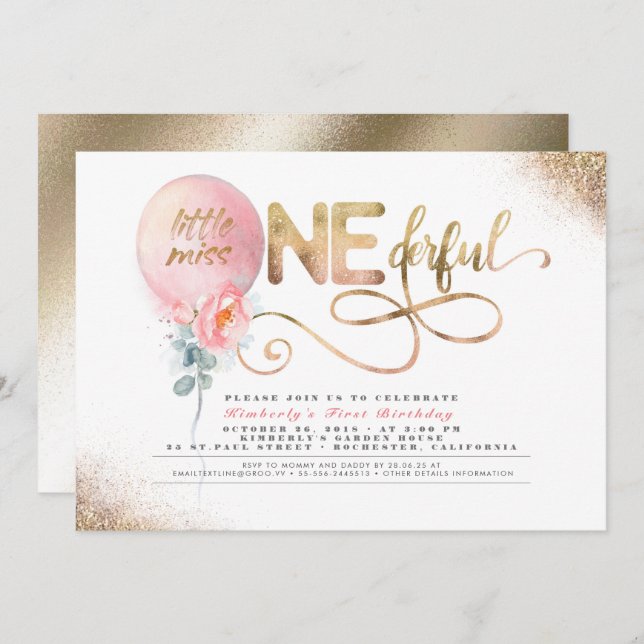Little Miss ONEderful Floral Balloon 1st Birthday Invitation (Front/Back)