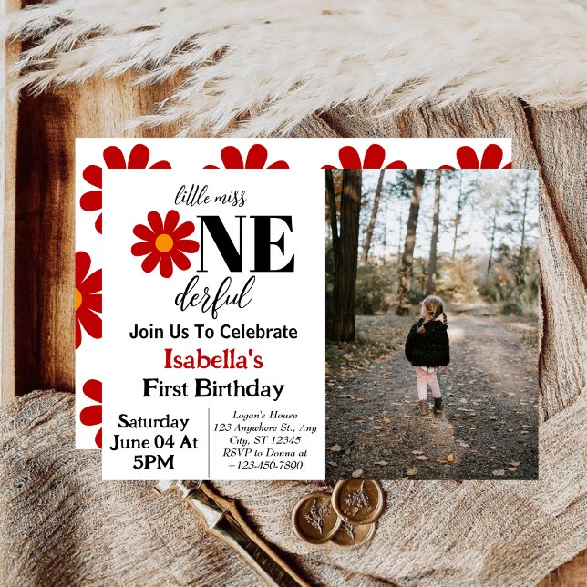 Little Miss Onederful Girl 1st Birthday Photo Invitation (Creator Uploaded)
