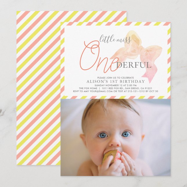 Little Miss ONEderful Girl Photo 1st Birthday Invitation (Front/Back)