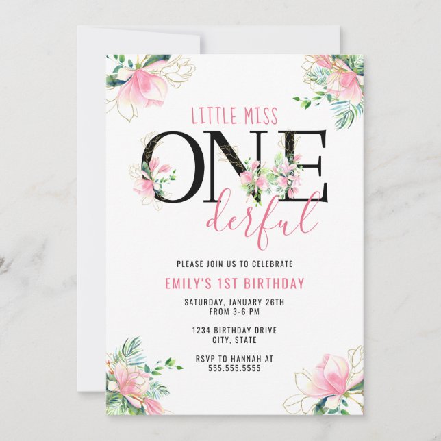 Little Miss ONEderful Girls 1st Birthday Invitation (Front)