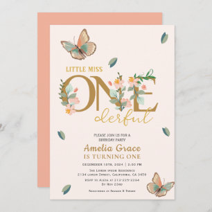 Little miss onederful peach floral 1st birthday invitation