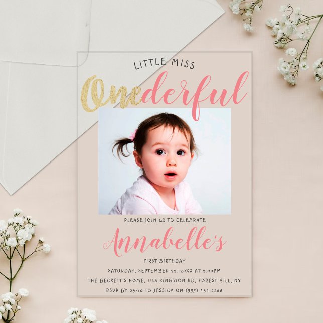 Little Miss Onederful Photo 1st Birthday Acrylic Invitations (Creator Uploaded)