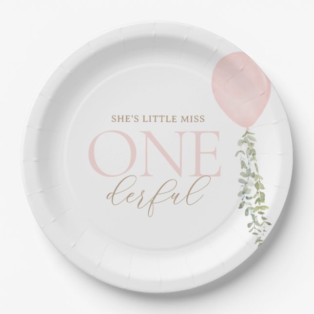 Little Miss Onederful Pink Balloon Birthday Paper Plate (Front)