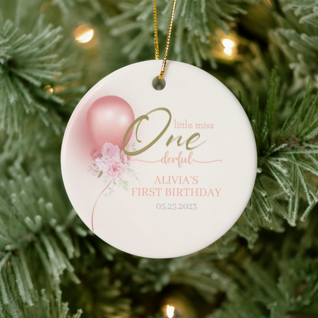 Little Miss ONEderful Pink Balloon Floral Birthday Ceramic Tree Decoration (Tree)