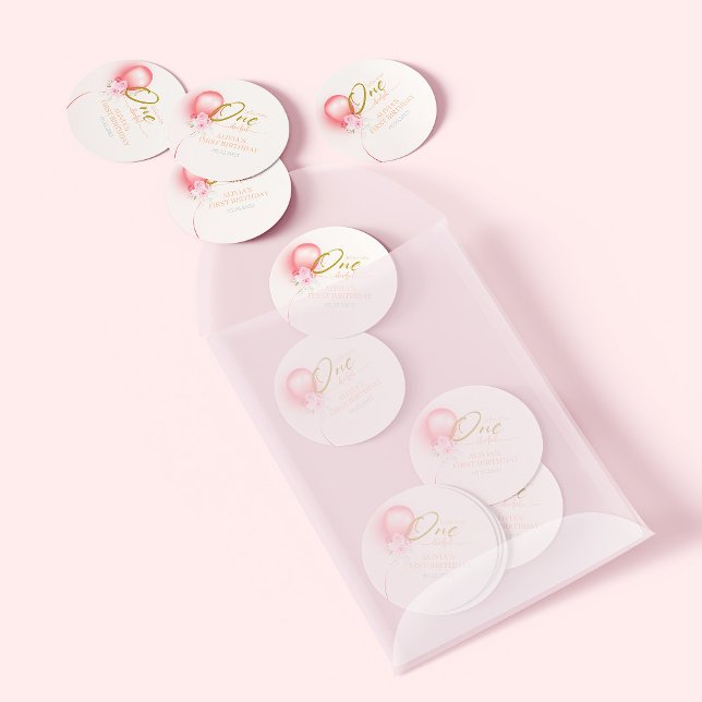 Little Miss ONEderful Pink Balloon Floral Birthday Classic Round Sticker (Creator Uploaded)