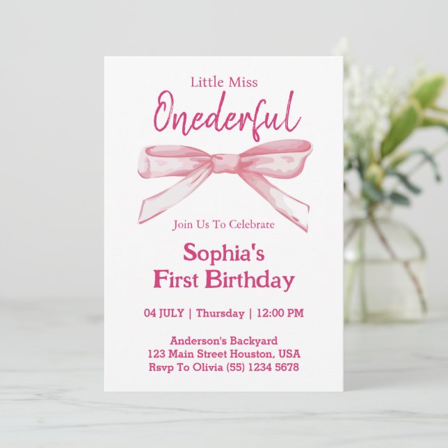 Little Miss ONEDERFUL Pink Bow Girl 1st Birthday  Invitation (Standing Front)