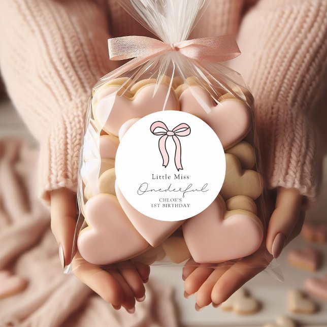 Little Miss Onederful Pink Doodle Bow Classic Round Sticker (Creator Uploaded)