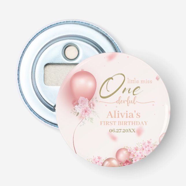 Little Miss ONEderful Pink Floral 1st Birthday Bottle Opener (Front)