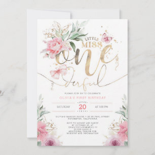 Little Miss ONEderful Pink Floral 1st Birthday Invitation