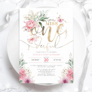 Little Miss ONEderful Pink Floral 1st Birthday Invitation