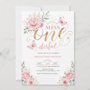 Little Miss ONEderful Pink Floral 1st Birthday Invitation