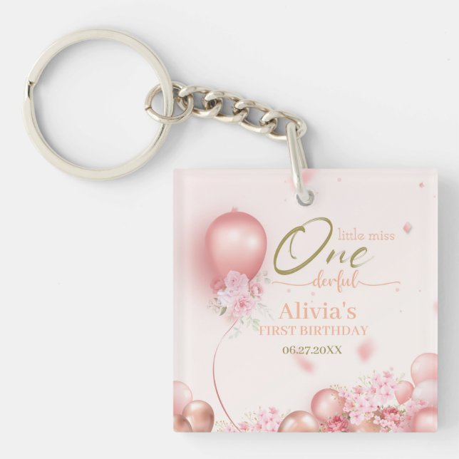 Little Miss ONEderful Pink Floral 1st Birthday Key Ring (Front)