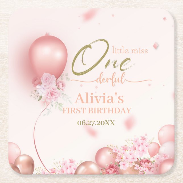 Little Miss ONEderful Pink Floral 1st Birthday Square Paper Coaster (Front)