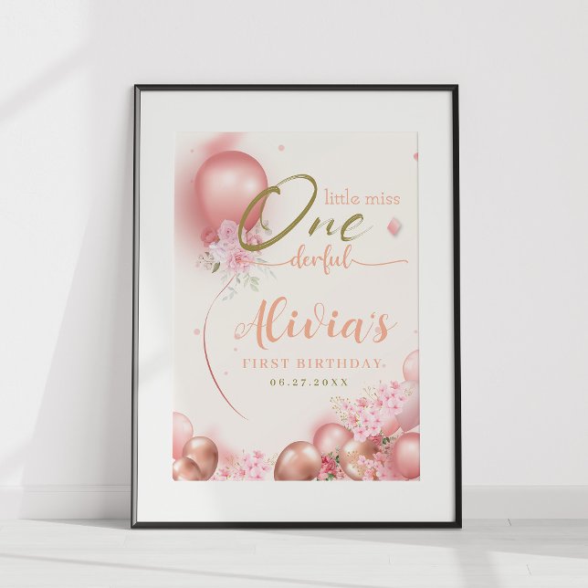 Little Miss ONEderful Pink Floral Birthday Poster (Creator Uploaded)
