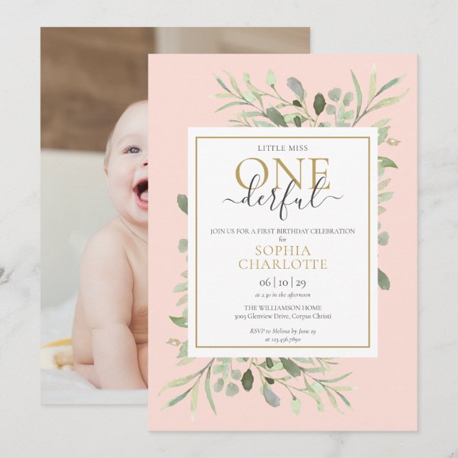 Little Miss ONEderful Pink Girl 1st Birthday Photo Invitation (Front/Back)