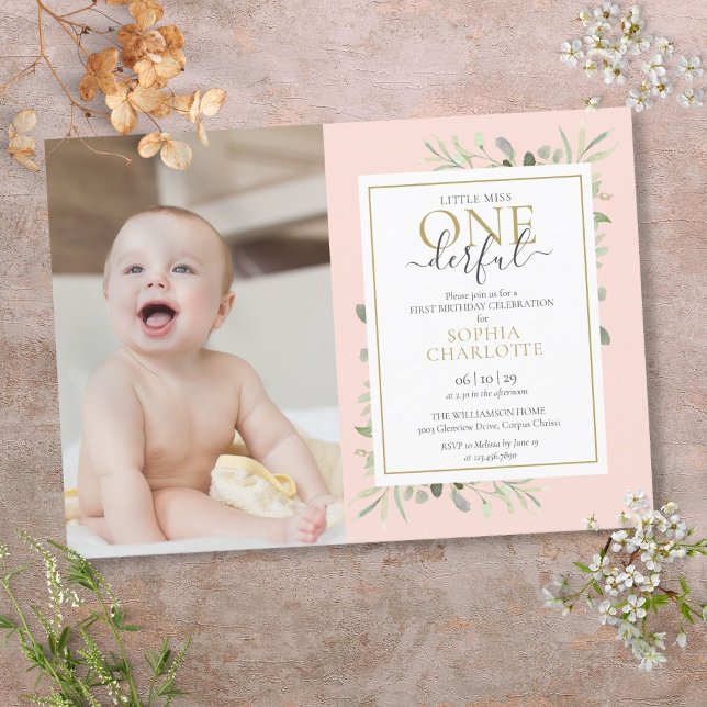 Little Miss ONEderful Pink Girl 1st Birthday Photo Invitation (Little Miss ONEderful Pink Girl 1st Birthday Photo Invitation)