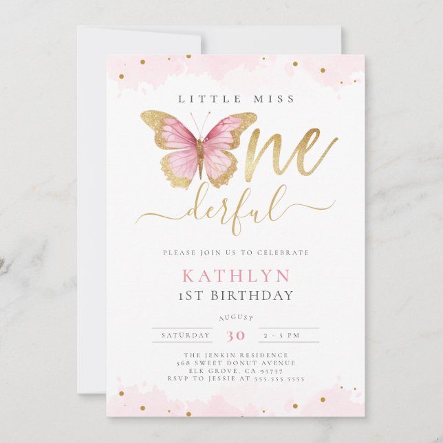Little Miss Onederful Pink Gold First Birthday Invitation (Front)