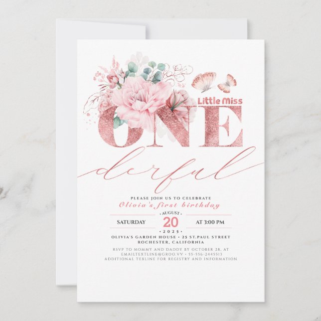 Little Miss ONEderful Rose Gold 1st Birthday Invit Invitation (Front)
