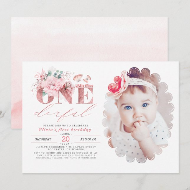 Little Miss ONEderful Rose Gold 1st Birthday Photo Invitation (Front/Back)