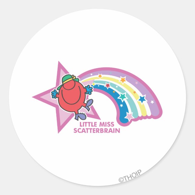 Little Miss Scatterbrain | Rainbow & Stars Classic Round Sticker (Front)