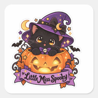 Little Miss Spooky Cute Black Cat and Pumpkin Square Sticker