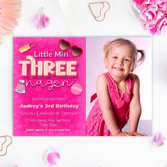 Little Miss Threenager - Girl 3rd Birthday Invitation (Little Miss Threenager - Girl 3rd Birthday Landscape Invitation with Photo)