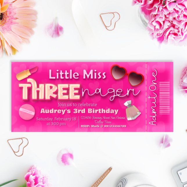 Little Miss Threenager - Girl 3rd Birthday Ticket Invitation (Little Miss Threenager - Girl 3rd Birthday Ticket Invitation)