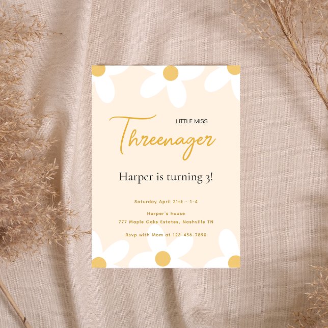 Little Miss Threenager Pink Daisy Birthday  Invitation (Creator Uploaded)