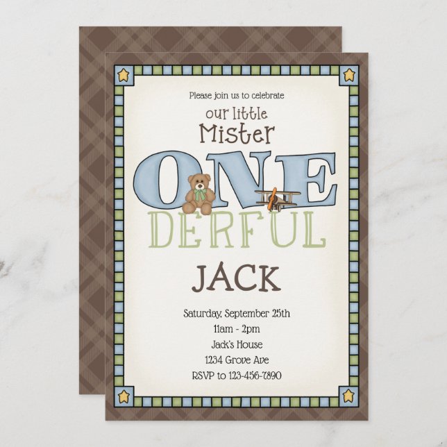 Little Mister ONEderful Birthday Invitation (Front/Back)