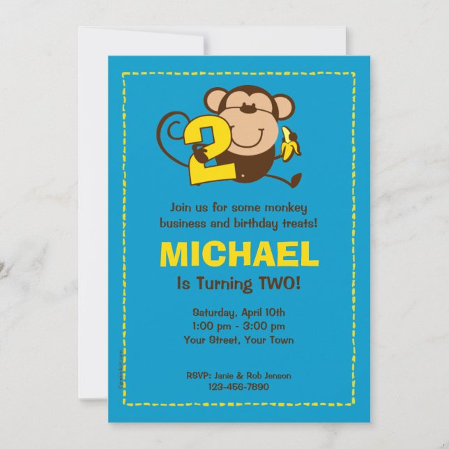 Little Monkey 2nd Birthday Boy Custom Invitations (Front)