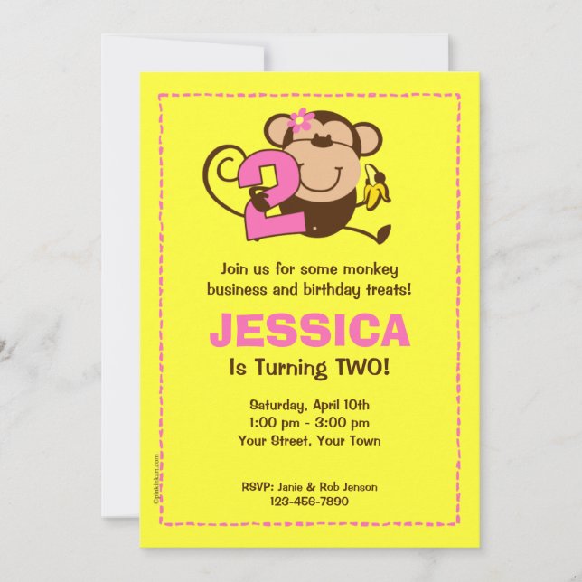 Little Monkey 2nd Birthday Girl Custom Invitations (Front)