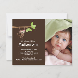Little Monkey Baby Girl Birth Photo Announcement