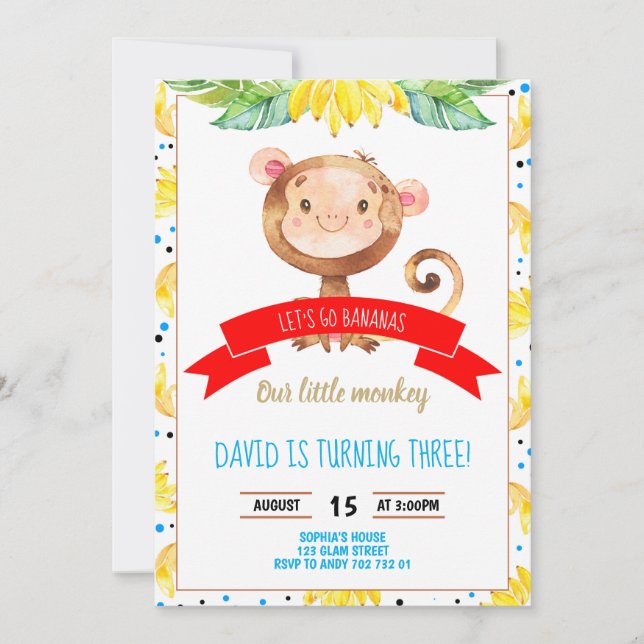 Little Monkey Bananas Jungle Boy Birthday Invitation (Front)