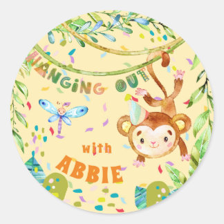 Little Monkey Birthday Hanging Out Classic Round Sticker