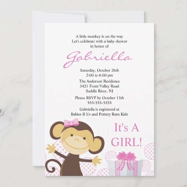 Little Monkey Girl Baby Shower Invitation (Front)