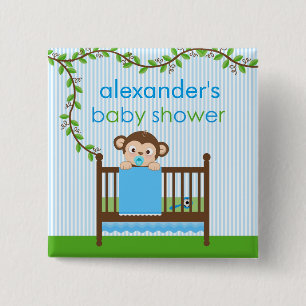 Little Monkey in a Crib Boy Baby Shower Button