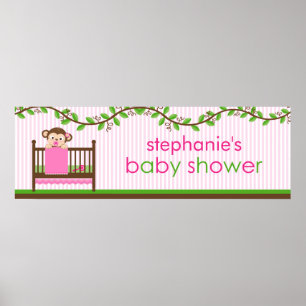Little Monkey in a Crib Girl Baby Shower Banner Poster