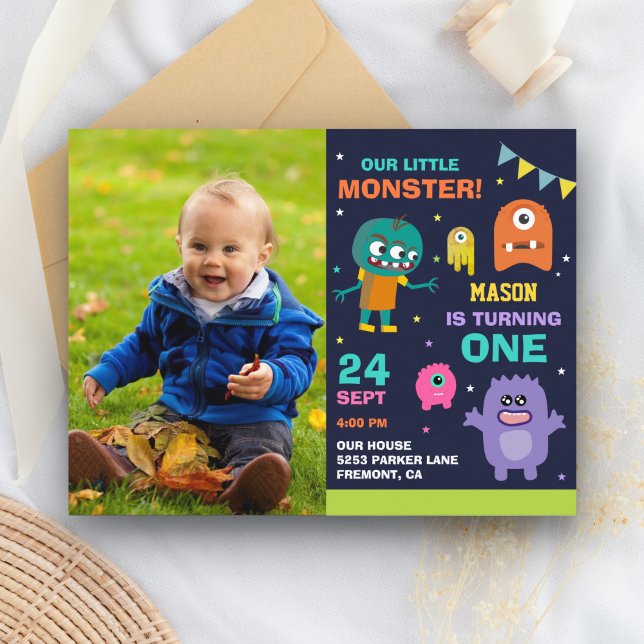 Little Monster 1st Photo Birthday Party Invitation Postcard (Creator Uploaded)
