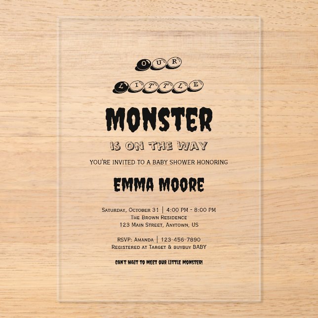 Little Monster Baby Shower Typography Design Acrylic Invitations (Front)
