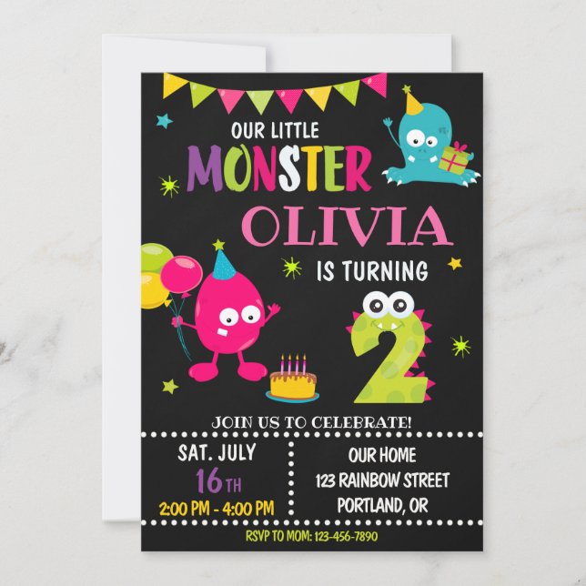Little monster birthday invitation for girl (Front)