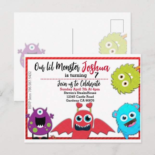 little Monster Birthday Invitation Postcard (Front/Back)