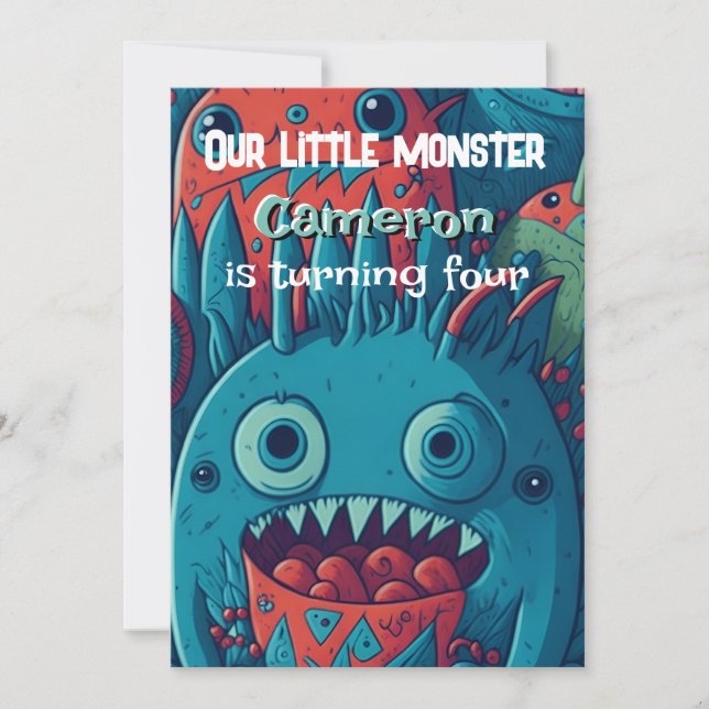Little monster birthday party blue red invitation (Front)